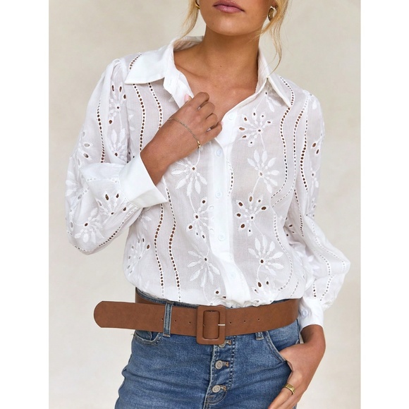 White Boho Eyelet Shirt, French Style Collar Button Front, Eyelet Embroidery - Picture 6 of 14